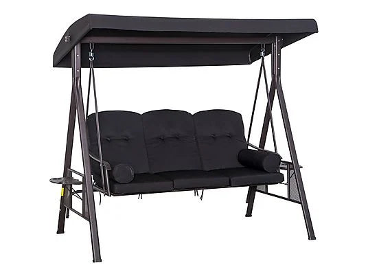 Balancín de Jardín Outsunny 3 Plazas con Toldo, Bandejas y Cojines – 360 kg, Negro
