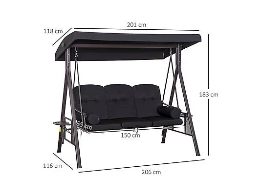 Balancín de Jardín Outsunny 3 Plazas con Toldo, Bandejas y Cojines – 360 kg, Negro