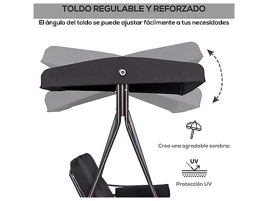Balancín de Jardín Outsunny 3 Plazas con Toldo, Bandejas y Cojines – 360 kg, Negro