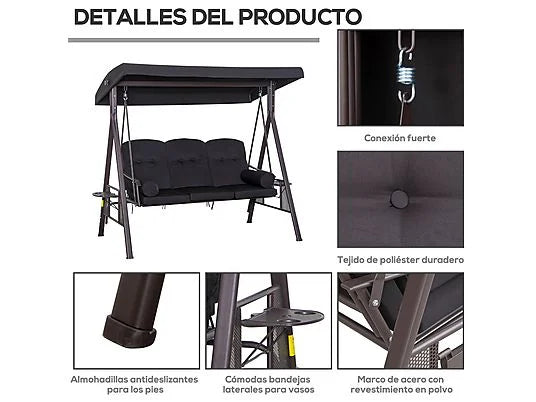 Balancín de Jardín Outsunny 3 Plazas con Toldo, Bandejas y Cojines – 360 kg, Negro