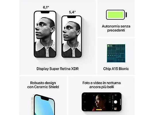 Apple iPhone 13 Starlight, 128 GB, 4 GB RAM, 6.1" OLED, iOS, Chip A15 Bionic, Blanco
